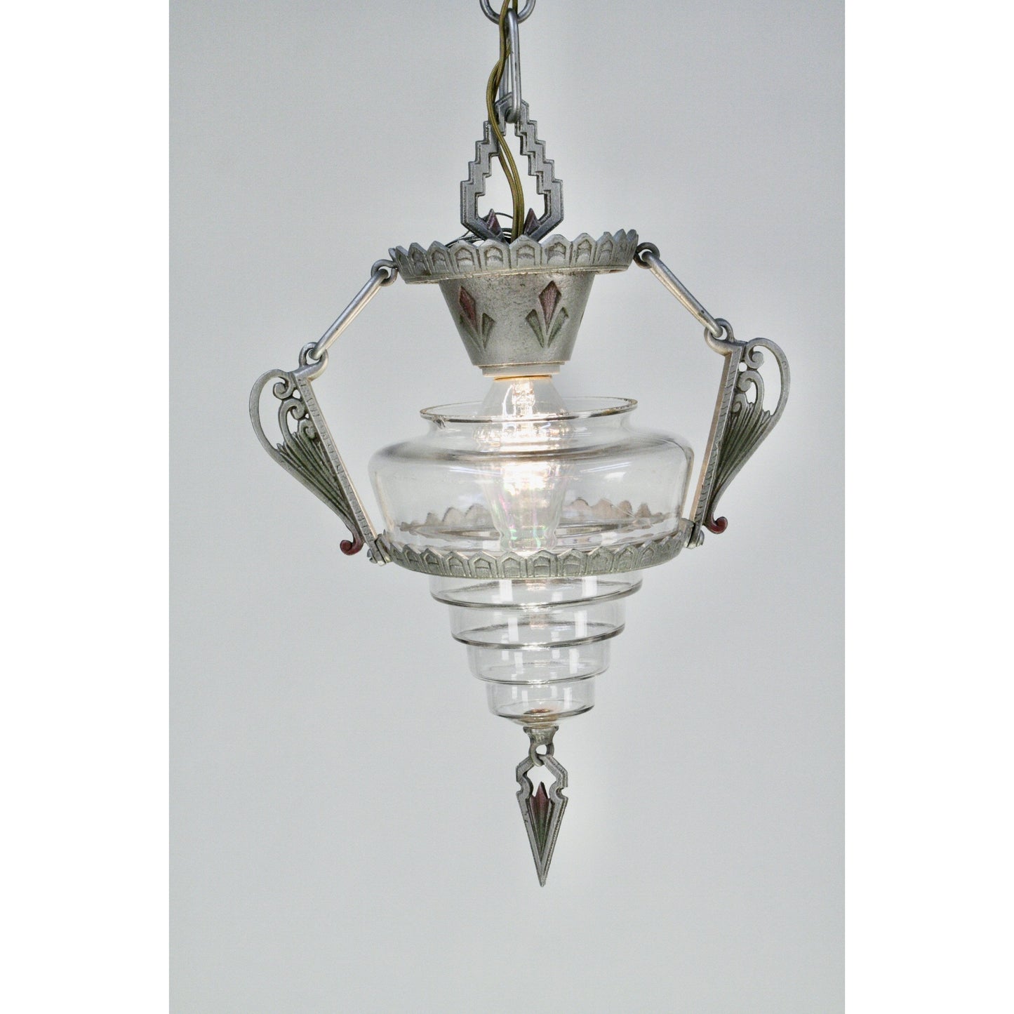 RESTORED Art Deco Gill “Modernique” Pendant with Clear GLASS Shade #2068