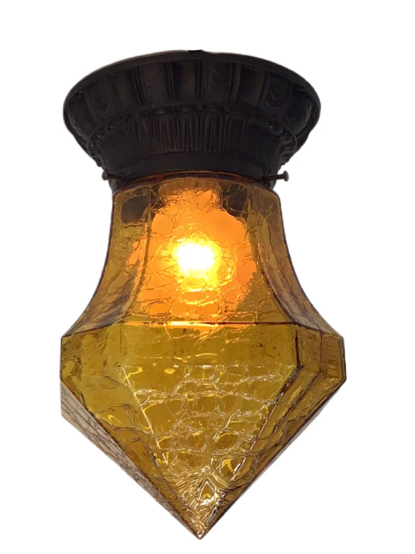 Vintage Outdoor Lightolier Ceiling Light with Amber Crackle Glass #2251