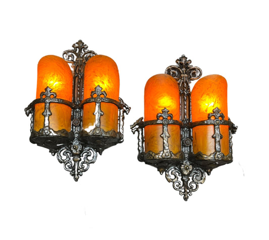 Amazing Pair Spanish Revival Double Sconces with Bakelite Shades #2310