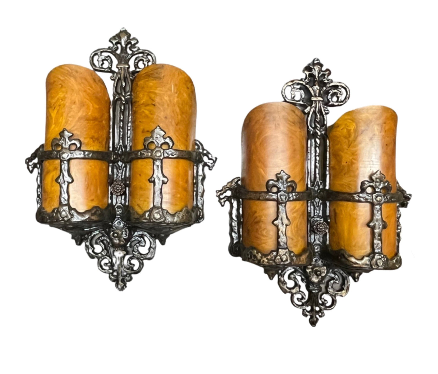 Amazing Pair Spanish Revival Double Sconces with Bakelite Shades #2310