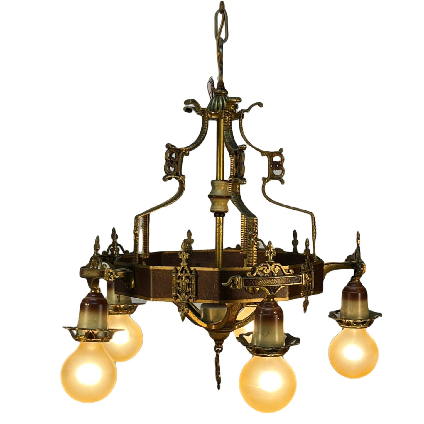 Beautiful Cast Brass Bare Bulb Chandelier from the 1920s #2372