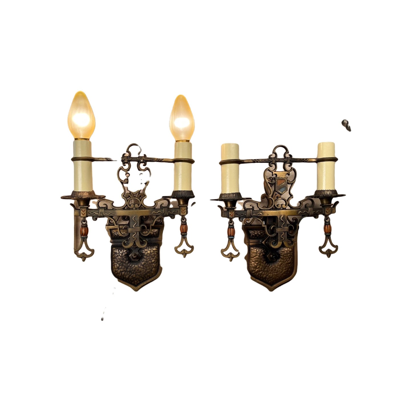 FOUR Cast Bronze Spanish Revival Two  Light Wall Sconces with Original Finish #2362