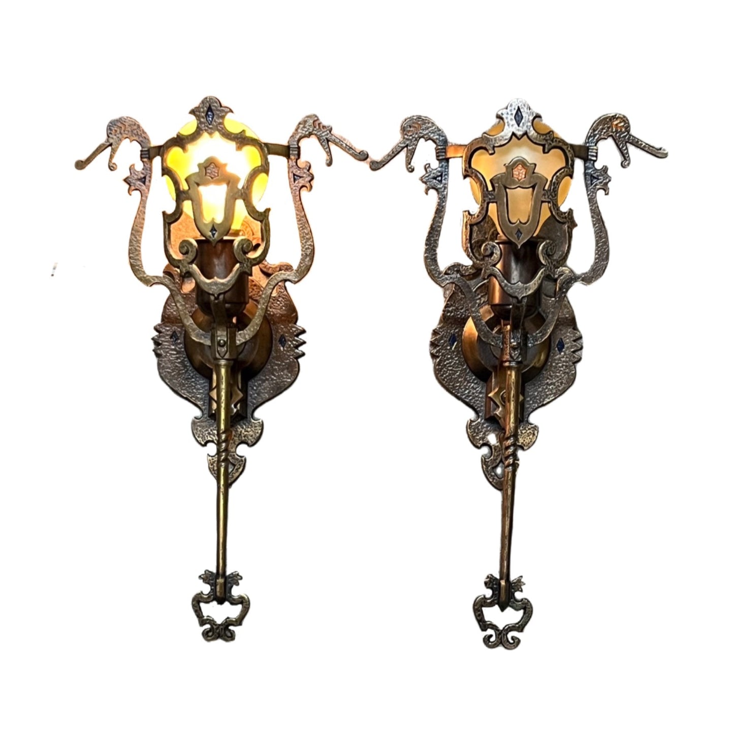 Large Bronze Spanish Revival Wall Sconces ca 1925 with Original Finish #2359