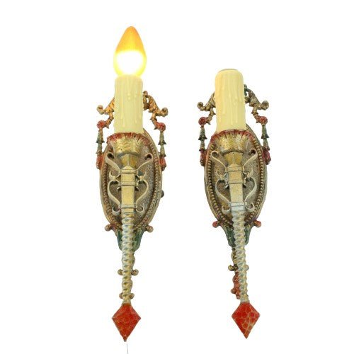 One Pair Spanish Revival Sconces from the 1920s with Original Gold and Red Finish #2072 Free Shipping