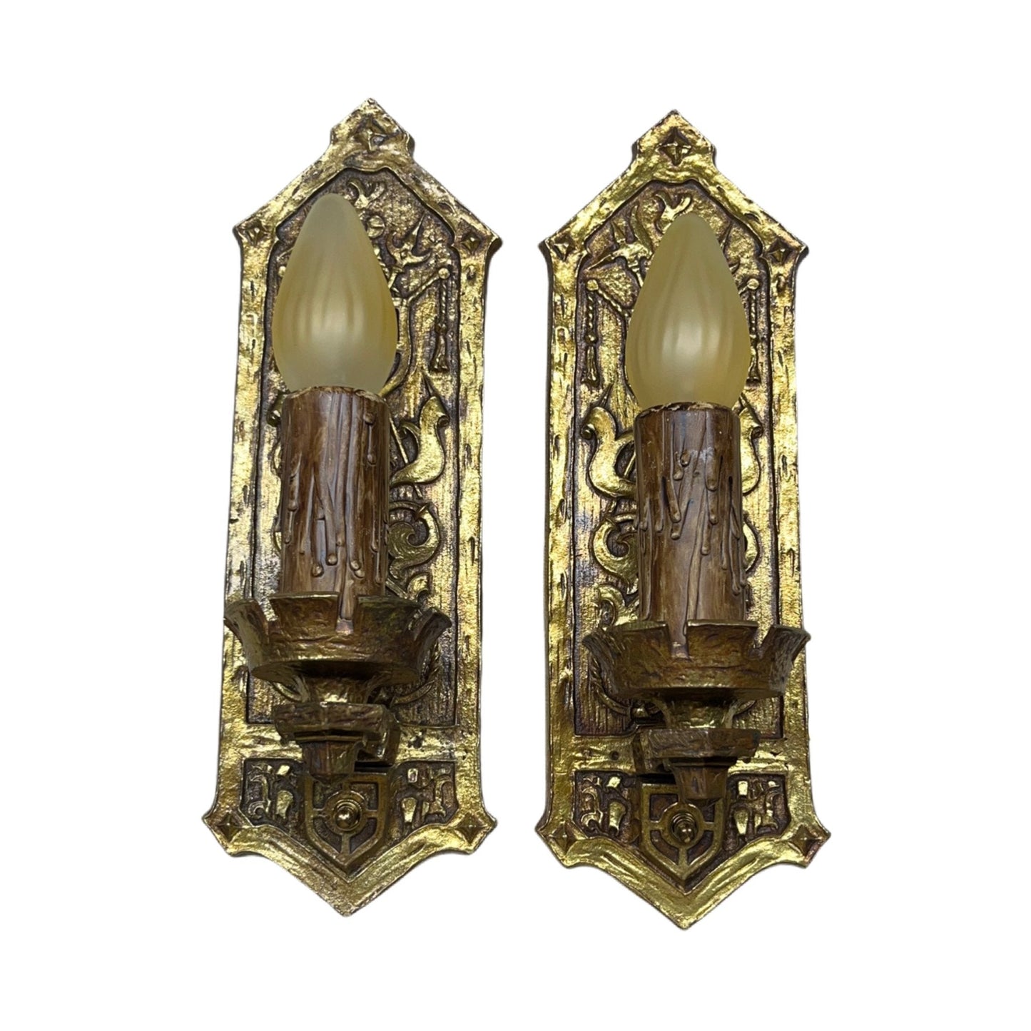 Stunning Pair 1910s or 1920s Cast Brass Tudor or Romantic Revival Sconces #2353