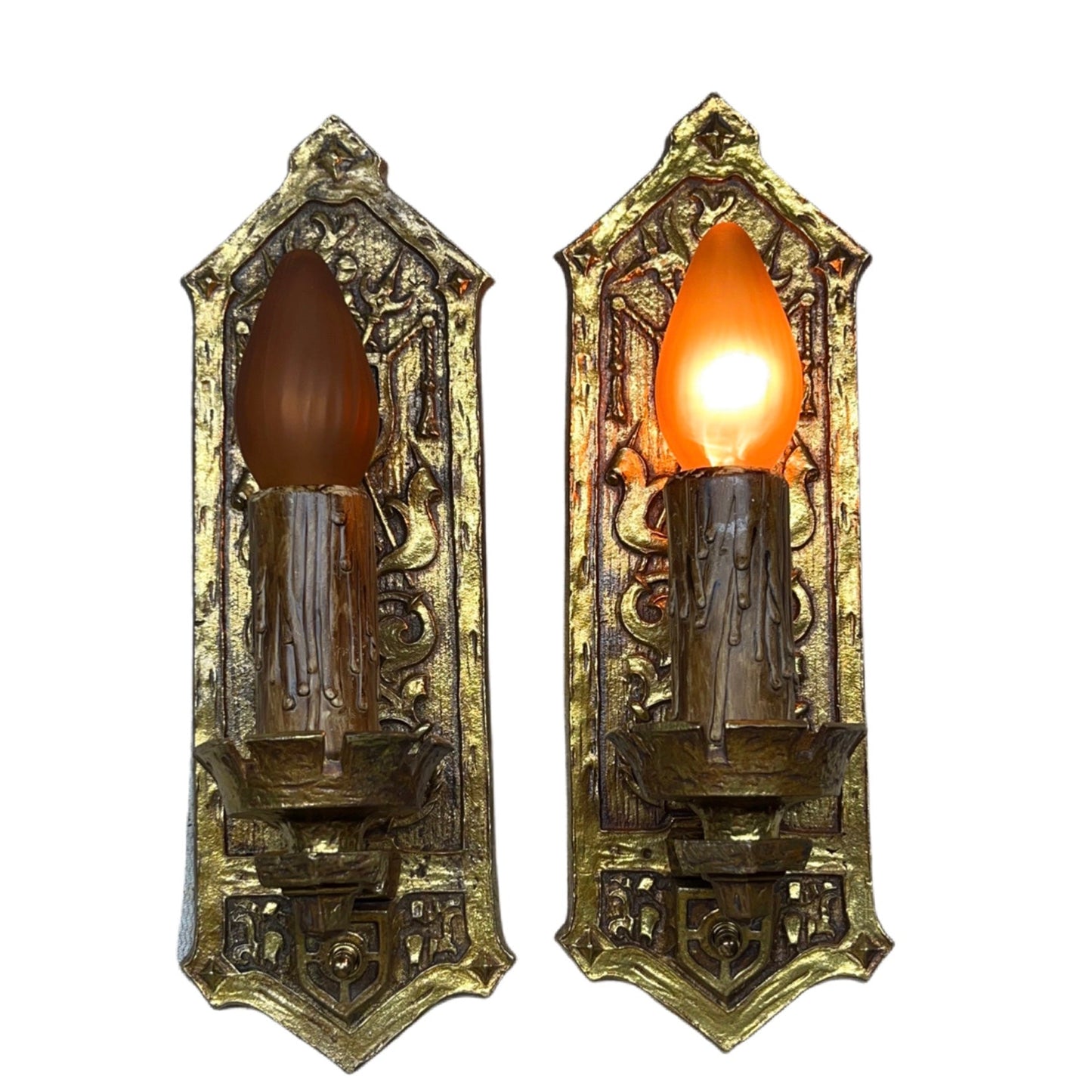 Stunning Pair 1910s or 1920s Cast Brass Tudor or Romantic Revival Sconces #2353