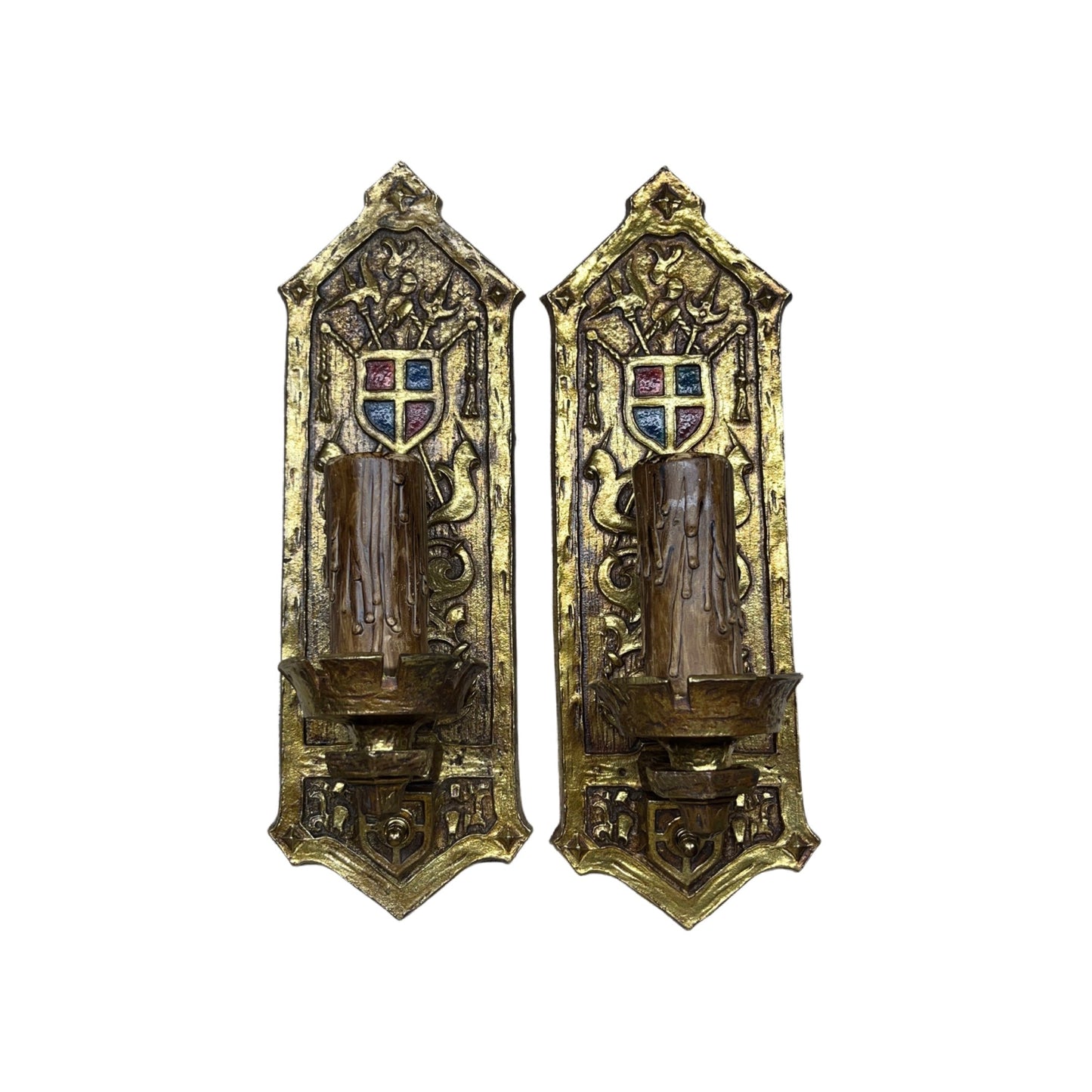 Stunning Pair 1910s or 1920s Cast Brass Tudor or Romantic Revival Sconces #2353