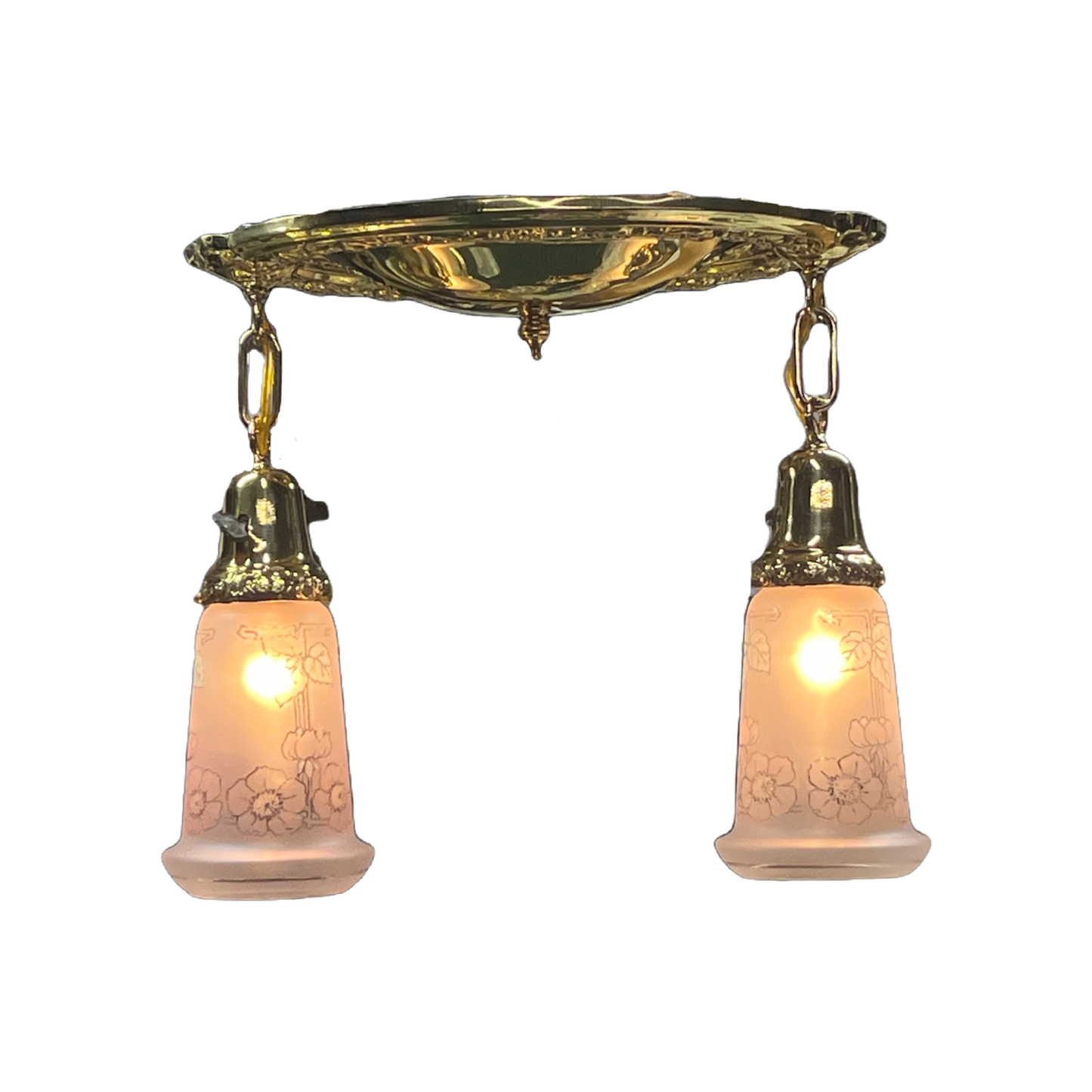 1920s Polished Brass Pan Two Light with Vintage Shades #2419