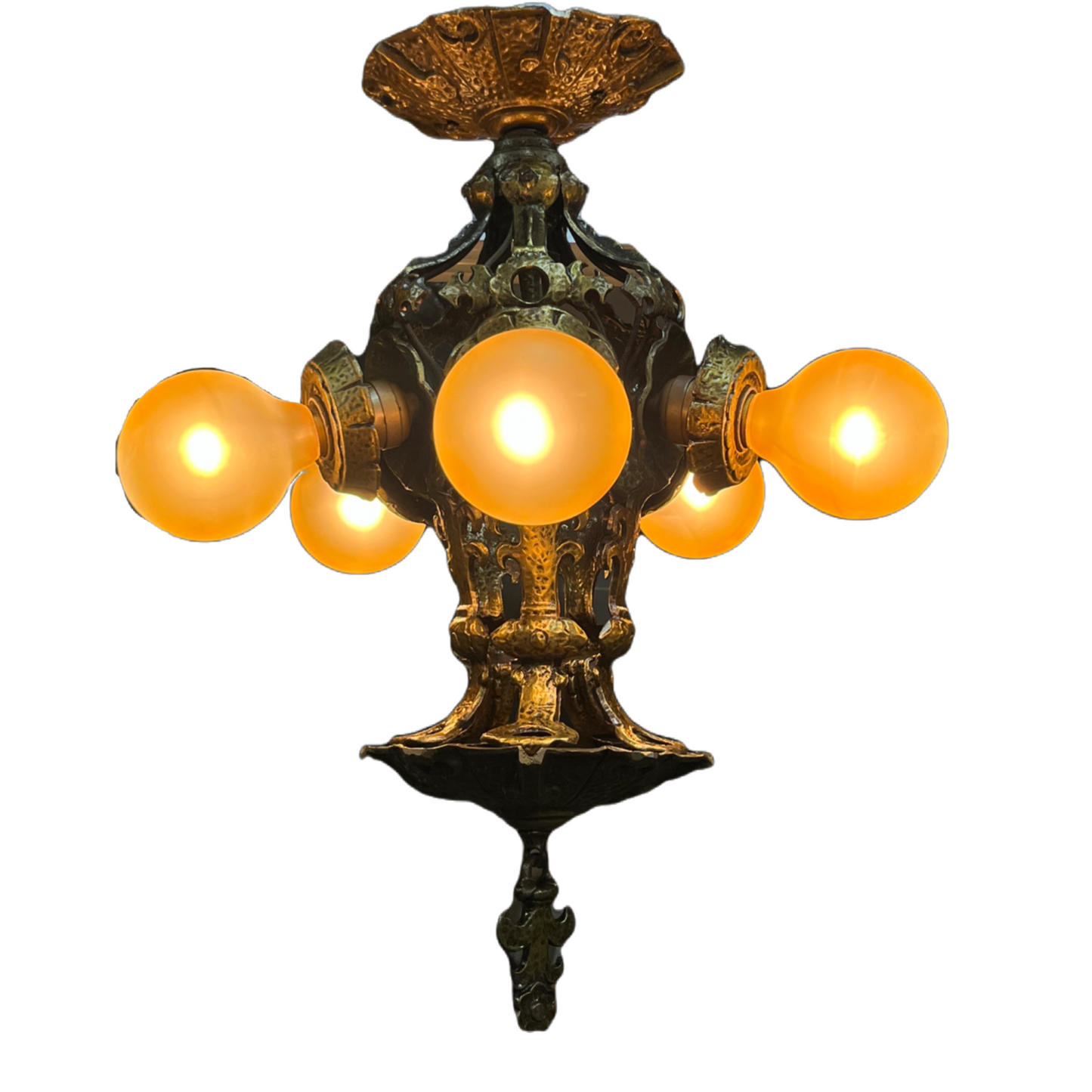 Cast Bronze Semi Flush 5 Light with Exposed Bulbs and Hammered Texture #2445