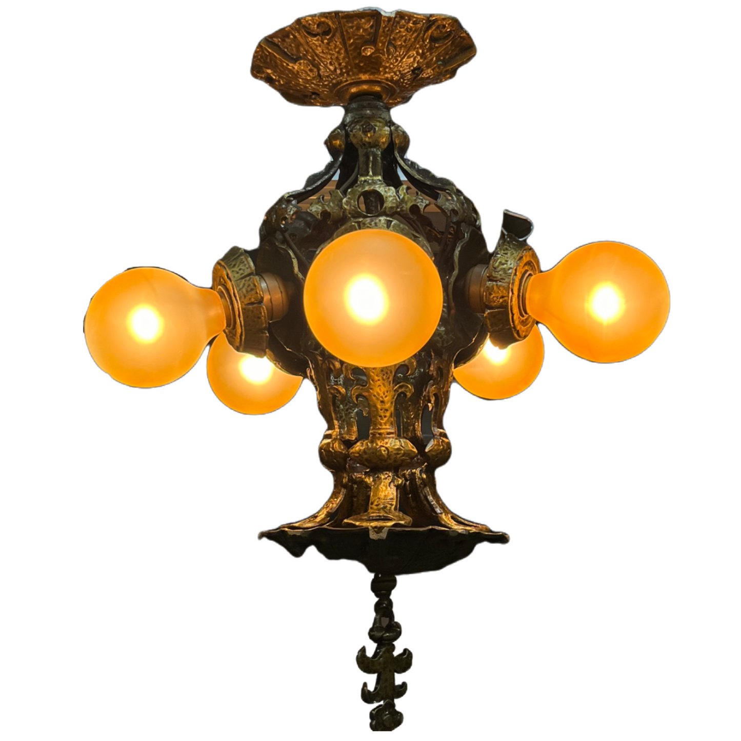 Cast Bronze Semi Flush 5 Light with Exposed Bulbs and Hammered Texture #2445