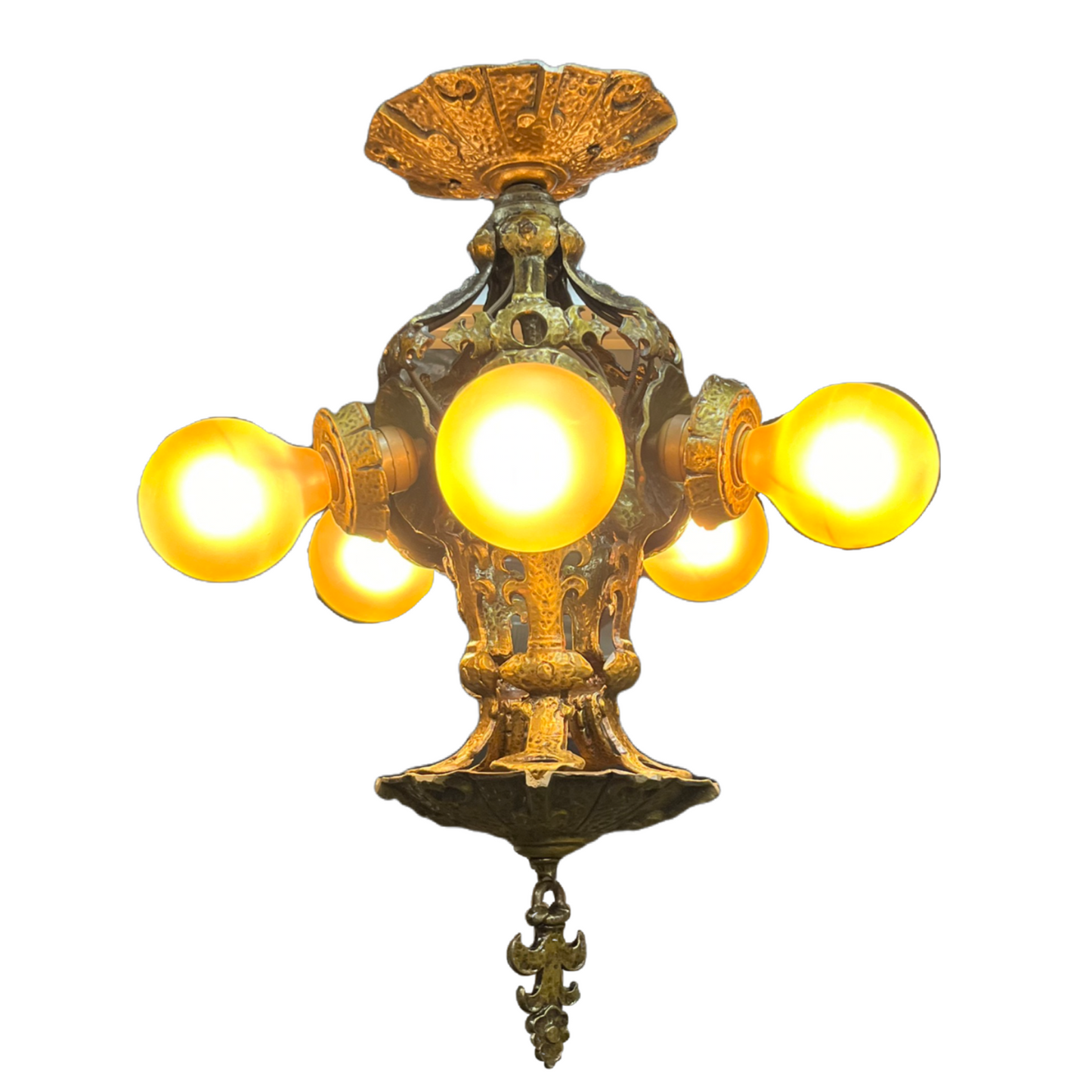 Cast Bronze Semi Flush 5 Light with Exposed Bulbs and Hammered Texture #2445