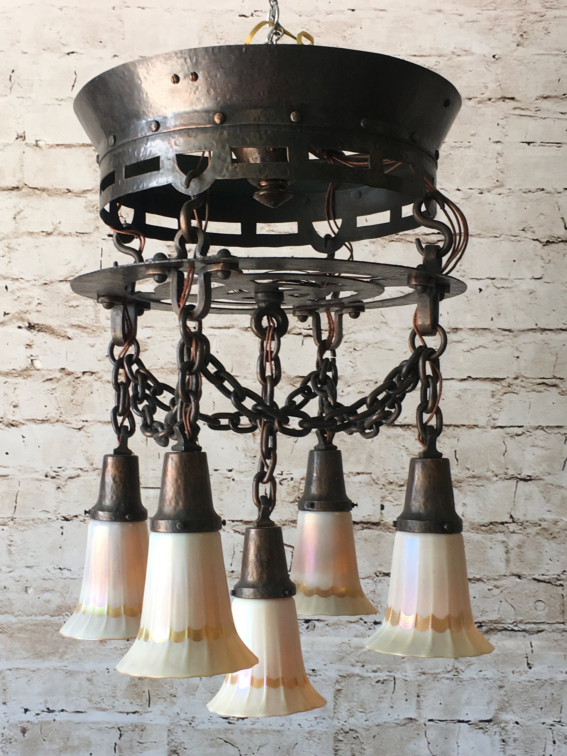 Arts and Crafts Hammered Chandelier with Quezal Shades