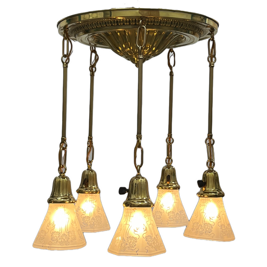 Polished Brass Pan 5 Light with Acid Etched Shades #2525