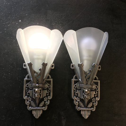 1930s Art Deco Wall Sconces with Flat Panel Glass - Filament Vintage Lighting