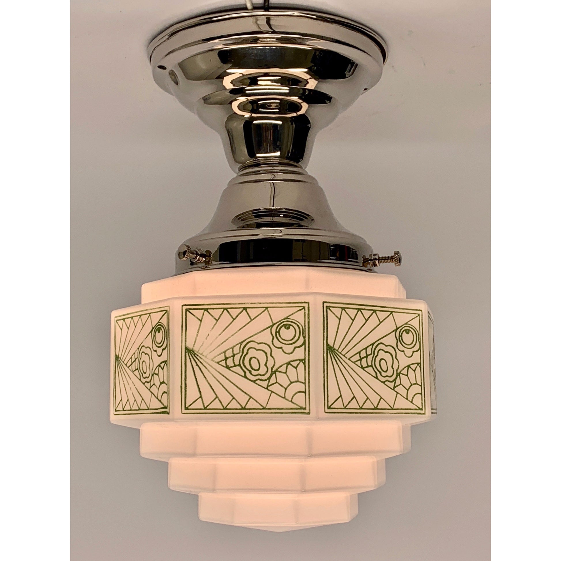 Art Deco Semi Flush Globe with Green Stencil Pattern #2031 - Filament Vintage Lighting