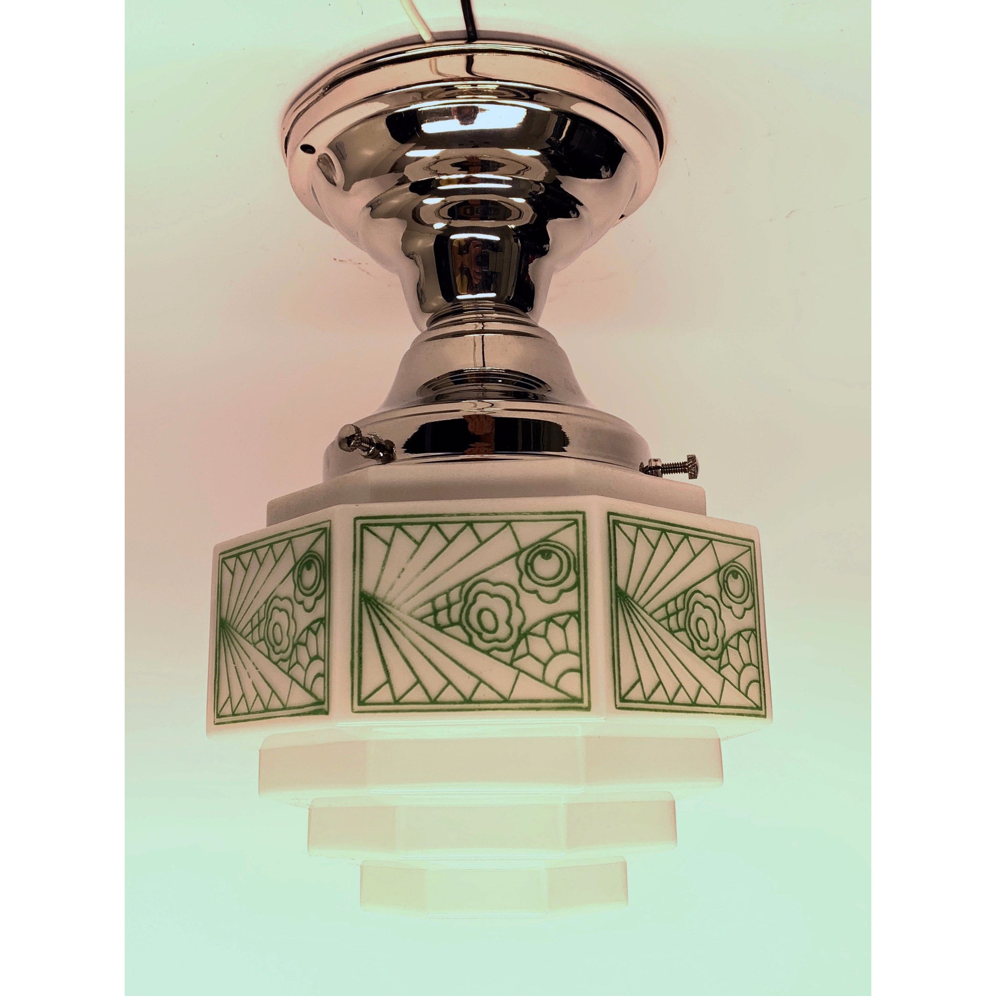 Art Deco Semi Flush Globe with Green Stencil Pattern #2031 - Filament Vintage Lighting