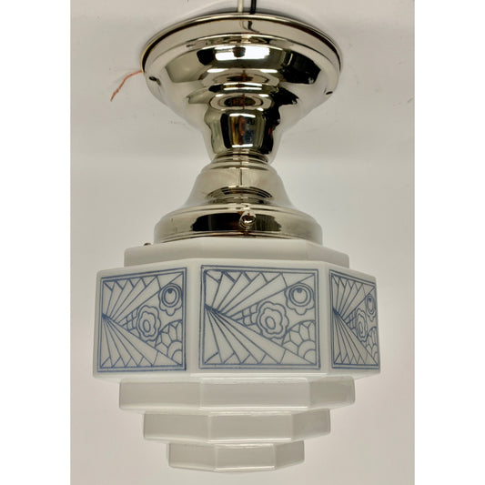 Art Deco Semi Flush Globe with Blue Stencil Pattern #2032 - Filament Vintage Lighting