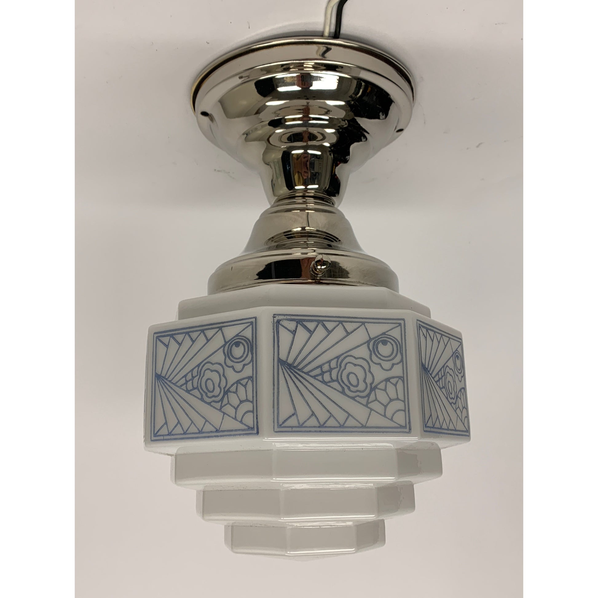 Art Deco Semi Flush Globe with Blue Stencil Pattern #2032 - Filament Vintage Lighting