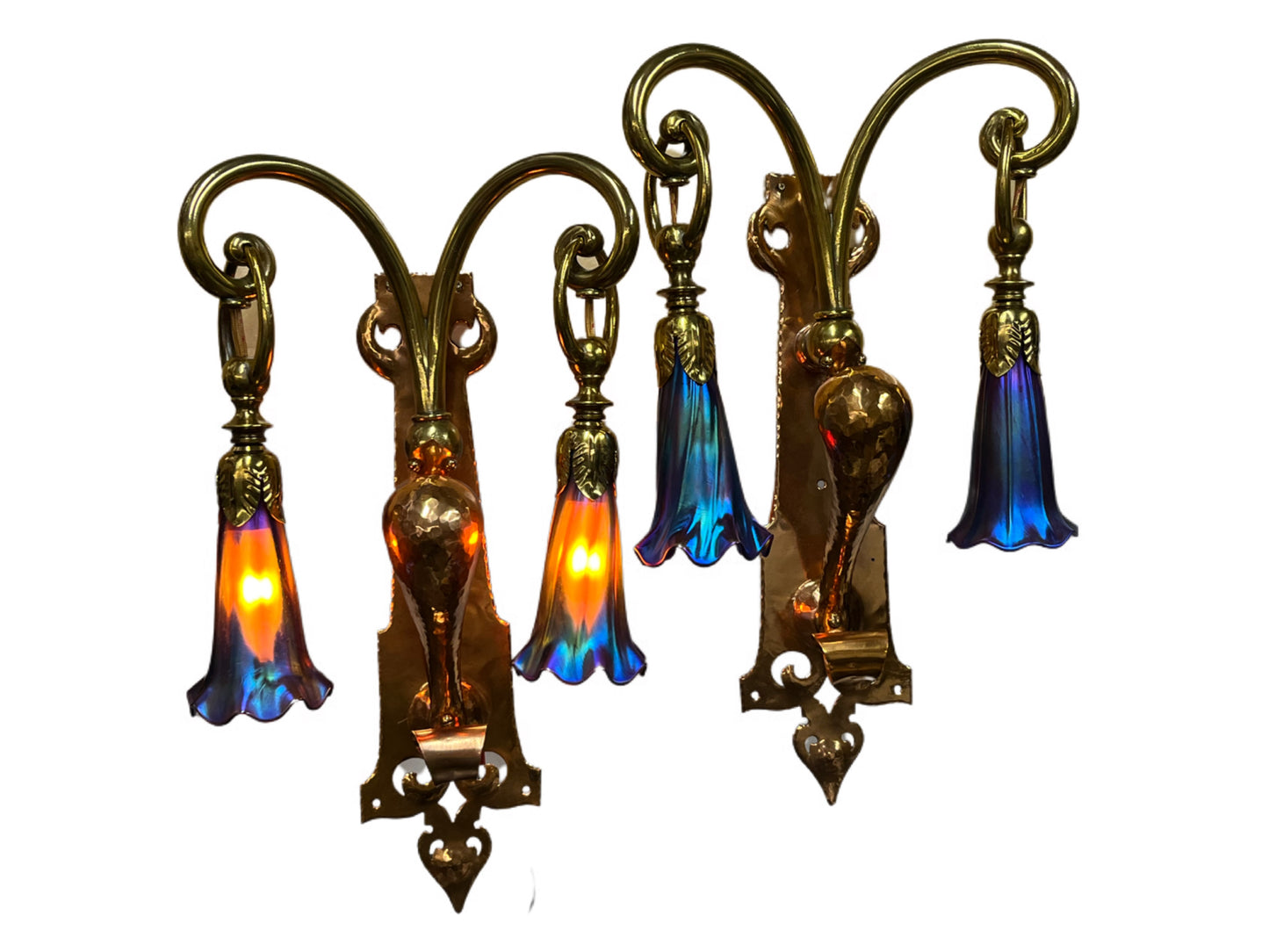 Hand Hammered Copper and Brass Art Nouveau Sconces