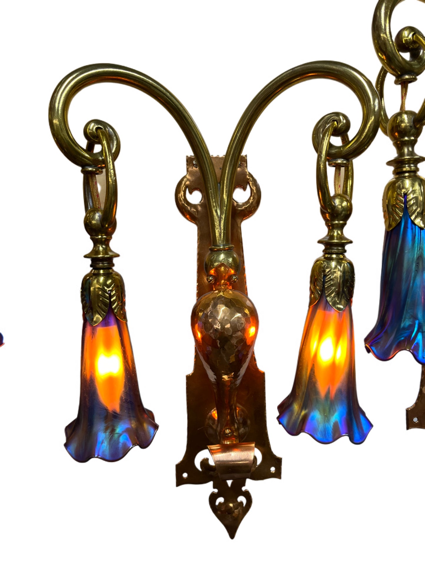 detail view of WAS Benson wall sconces with art glass shades