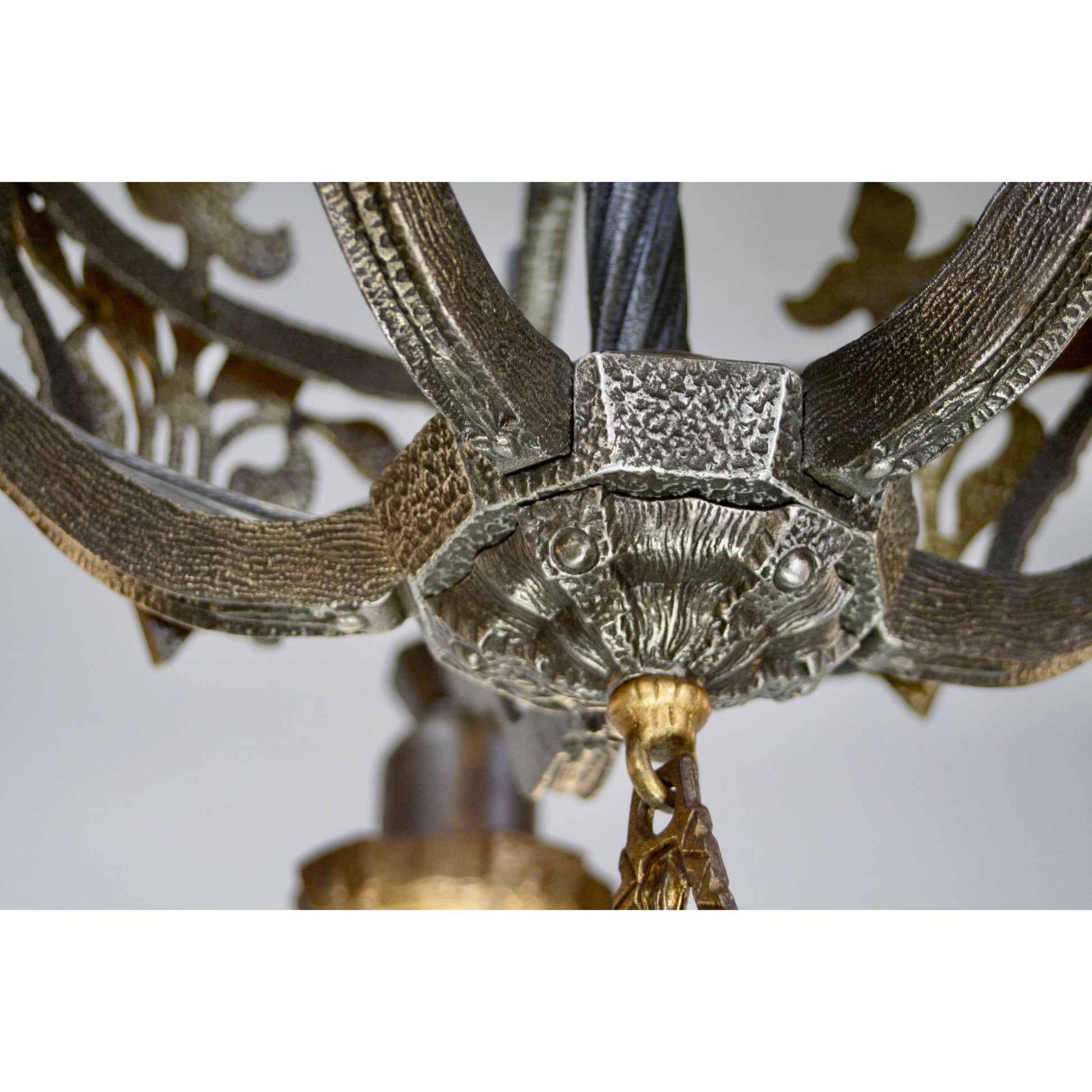 Hammered 1920s Chandelier with Brass Accent Overlays