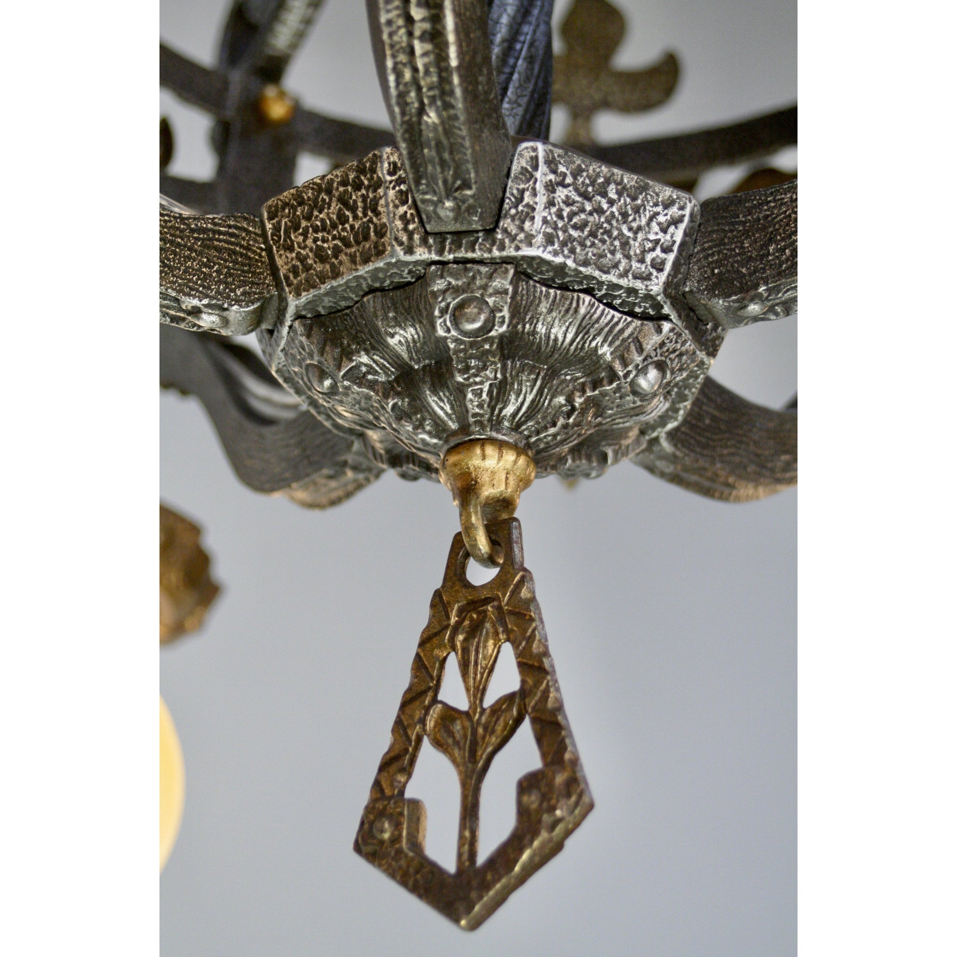 Hammered 1920s Chandelier with Brass Accent Overlays