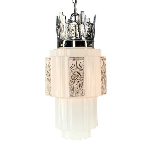 Commercial Art Deco Pendant with Skyscraper Shade, Nickel Plated #2030