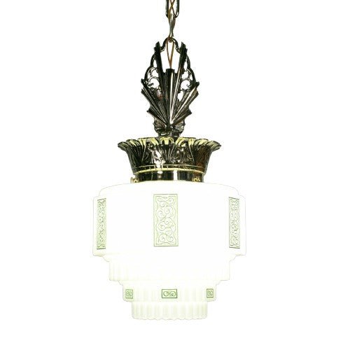 Green stencil shade on Art Deco Polished Brass Crown Pendant #2215