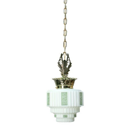 Green stencil shade on Art Deco Polished Brass Crown Pendant #2215