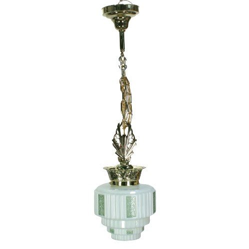 Green stencil shade on Art Deco Polished Brass Crown Pendant #2215